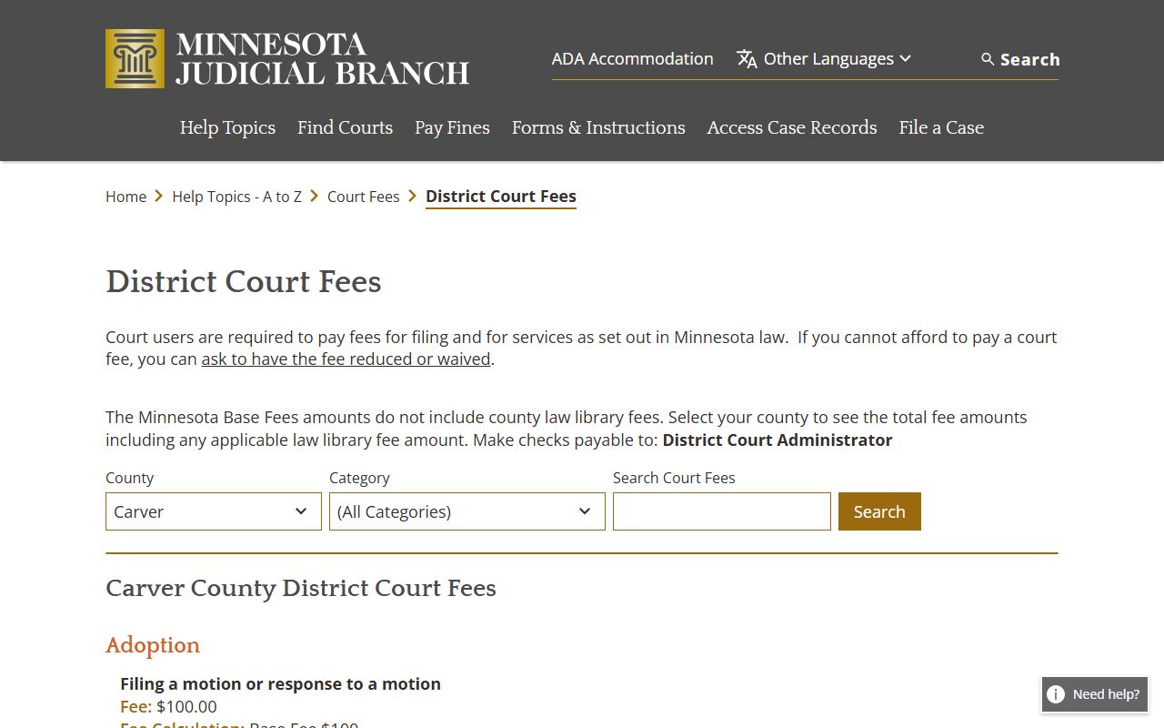 Carver County Court Administrator District Court fee schedule