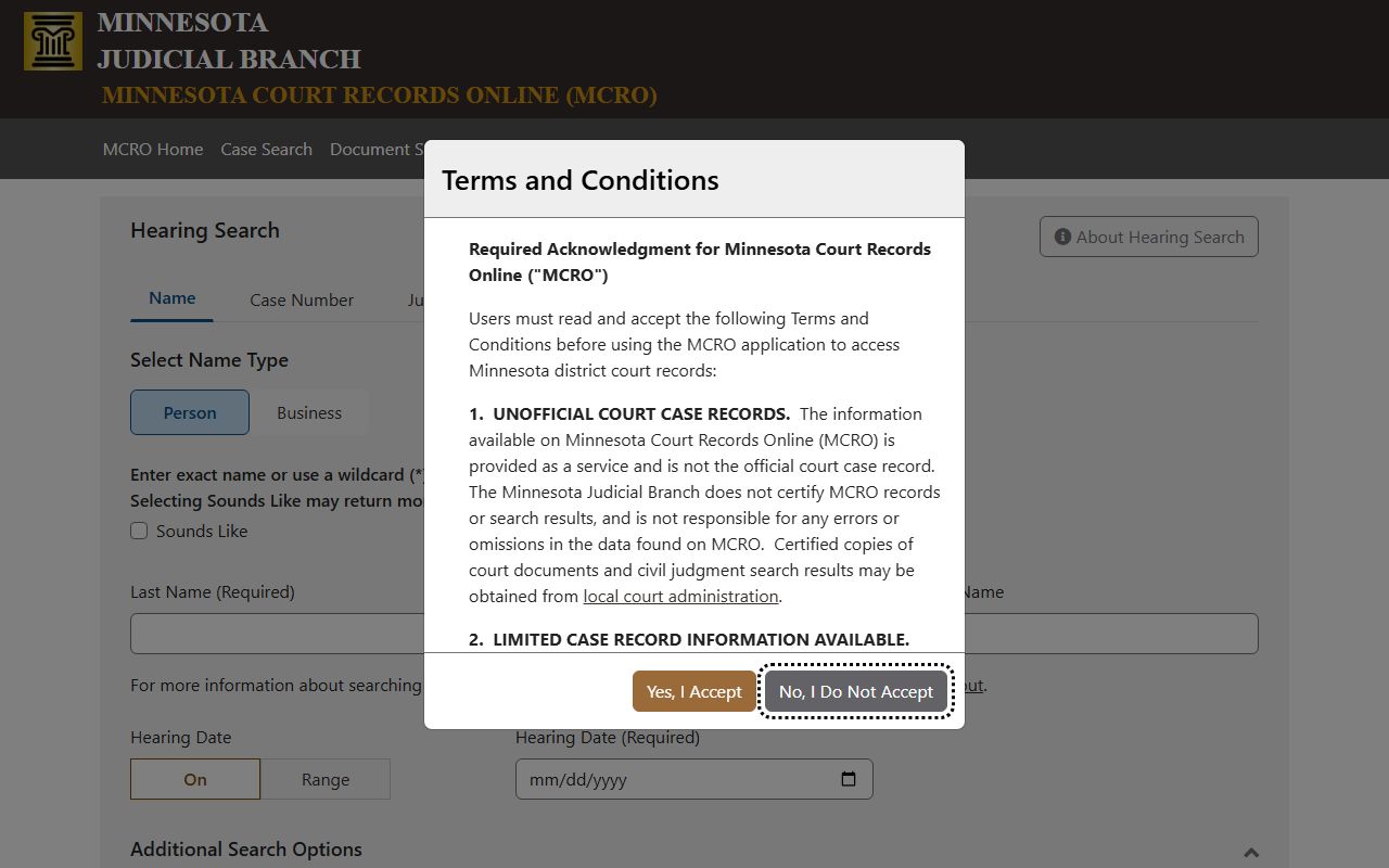 Carver County court dockets MCRO Hearing Search interface