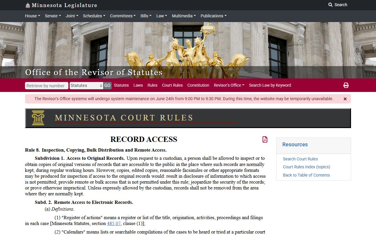 Carver County court dockets Minnesota Public Access Rule 8