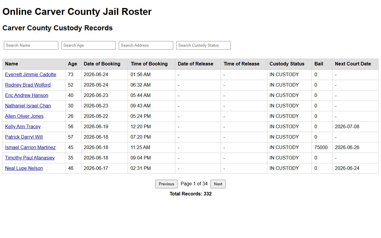 Carver County inmate records jail roster search